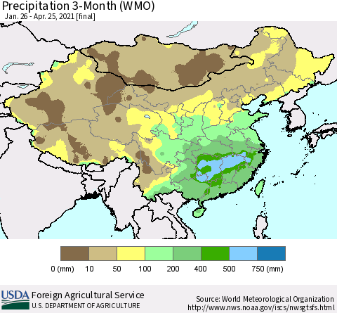 China, Mongolia and Taiwan Precipitation 3-Month (WMO) Thematic Map For 1/26/2021 - 4/25/2021