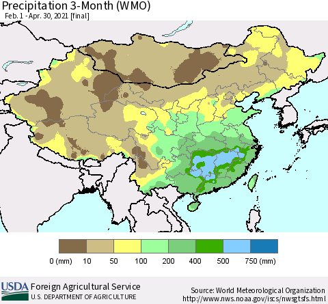 China, Mongolia and Taiwan Precipitation 3-Month (WMO) Thematic Map For 2/1/2021 - 4/30/2021