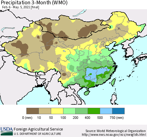 China, Mongolia and Taiwan Precipitation 3-Month (WMO) Thematic Map For 2/6/2021 - 5/5/2021