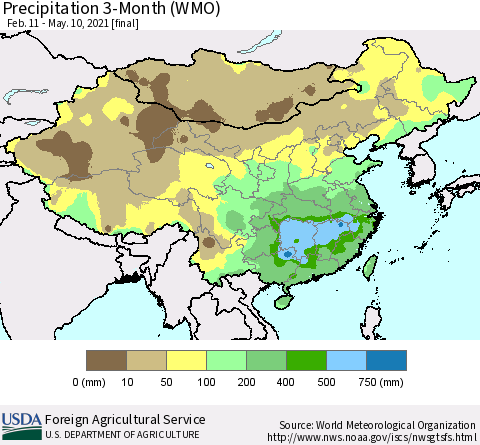 China, Mongolia and Taiwan Precipitation 3-Month (WMO) Thematic Map For 2/11/2021 - 5/10/2021