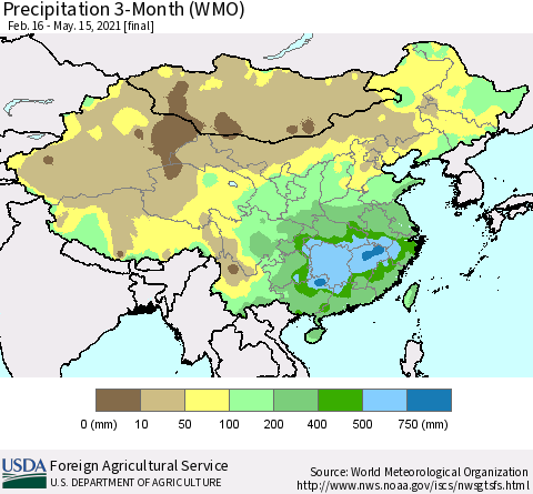 China, Mongolia and Taiwan Precipitation 3-Month (WMO) Thematic Map For 2/16/2021 - 5/15/2021