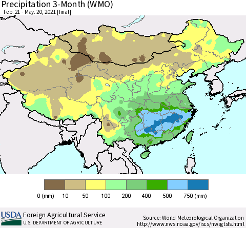 China, Mongolia and Taiwan Precipitation 3-Month (WMO) Thematic Map For 2/21/2021 - 5/20/2021