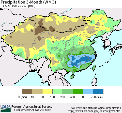 China, Mongolia and Taiwan Precipitation 3-Month (WMO) Thematic Map For 2/26/2021 - 5/25/2021