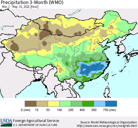 China, Mongolia and Taiwan Precipitation 3-Month (WMO) Thematic Map For 3/1/2021 - 5/31/2021