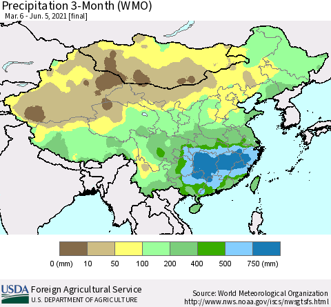China, Mongolia and Taiwan Precipitation 3-Month (WMO) Thematic Map For 3/6/2021 - 6/5/2021