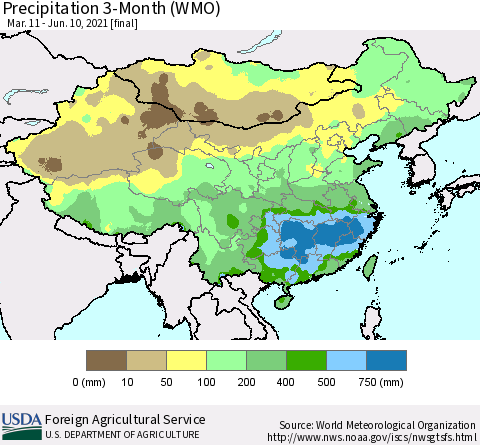 China, Mongolia and Taiwan Precipitation 3-Month (WMO) Thematic Map For 3/11/2021 - 6/10/2021