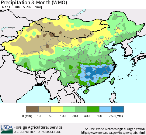 China, Mongolia and Taiwan Precipitation 3-Month (WMO) Thematic Map For 3/16/2021 - 6/15/2021