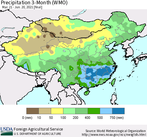 China, Mongolia and Taiwan Precipitation 3-Month (WMO) Thematic Map For 3/21/2021 - 6/20/2021