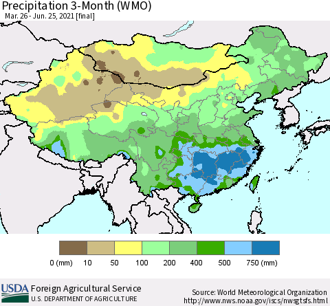 China, Mongolia and Taiwan Precipitation 3-Month (WMO) Thematic Map For 3/26/2021 - 6/25/2021