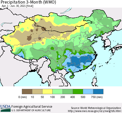 China, Mongolia and Taiwan Precipitation 3-Month (WMO) Thematic Map For 4/1/2021 - 6/30/2021