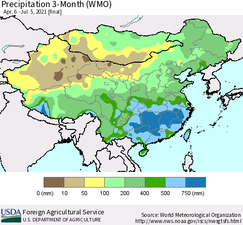 China, Mongolia and Taiwan Precipitation 3-Month (WMO) Thematic Map For 4/6/2021 - 7/5/2021
