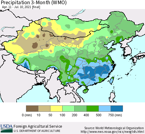 China, Mongolia and Taiwan Precipitation 3-Month (WMO) Thematic Map For 4/11/2021 - 7/10/2021