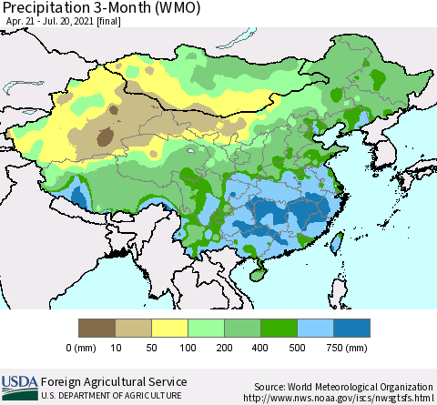 China, Mongolia and Taiwan Precipitation 3-Month (WMO) Thematic Map For 4/21/2021 - 7/20/2021