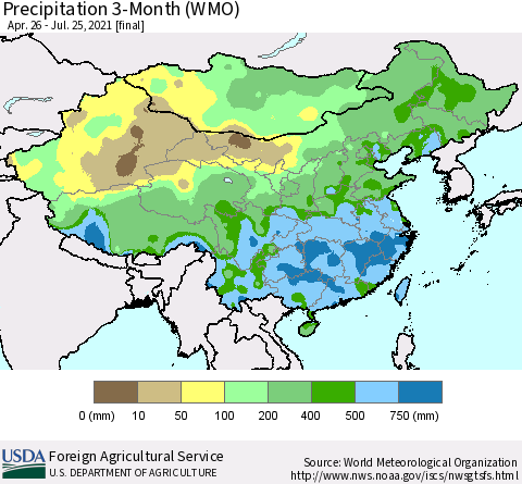 China, Mongolia and Taiwan Precipitation 3-Month (WMO) Thematic Map For 4/26/2021 - 7/25/2021