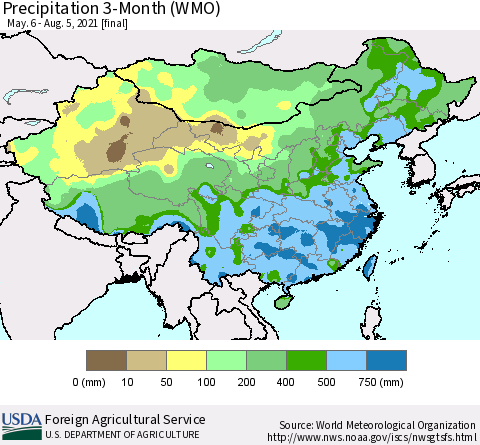 China, Mongolia and Taiwan Precipitation 3-Month (WMO) Thematic Map For 5/6/2021 - 8/5/2021