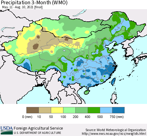 China, Mongolia and Taiwan Precipitation 3-Month (WMO) Thematic Map For 5/11/2021 - 8/10/2021