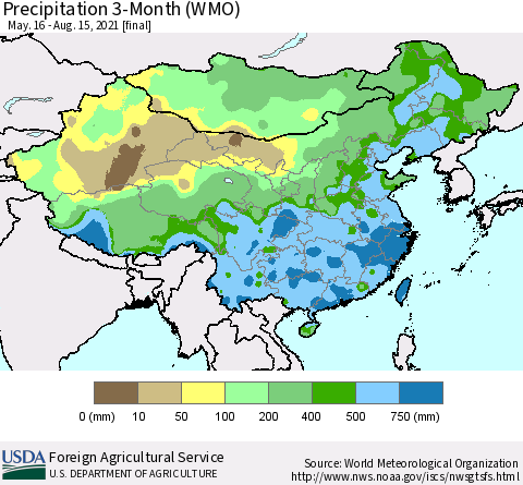 China, Mongolia and Taiwan Precipitation 3-Month (WMO) Thematic Map For 5/16/2021 - 8/15/2021