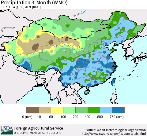China, Mongolia and Taiwan Precipitation 3-Month (WMO) Thematic Map For 6/1/2021 - 8/31/2021