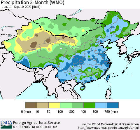 China, Mongolia and Taiwan Precipitation 3-Month (WMO) Thematic Map For 6/11/2021 - 9/10/2021