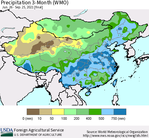 China, Mongolia and Taiwan Precipitation 3-Month (WMO) Thematic Map For 6/26/2021 - 9/25/2021