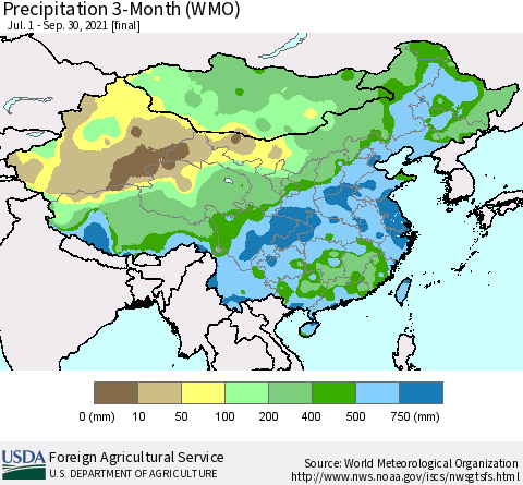 China, Mongolia and Taiwan Precipitation 3-Month (WMO) Thematic Map For 7/1/2021 - 9/30/2021
