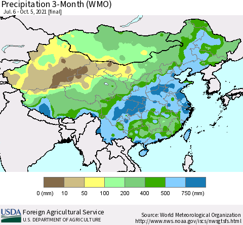 China, Mongolia and Taiwan Precipitation 3-Month (WMO) Thematic Map For 7/6/2021 - 10/5/2021