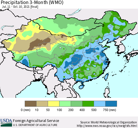 China, Mongolia and Taiwan Precipitation 3-Month (WMO) Thematic Map For 7/11/2021 - 10/10/2021