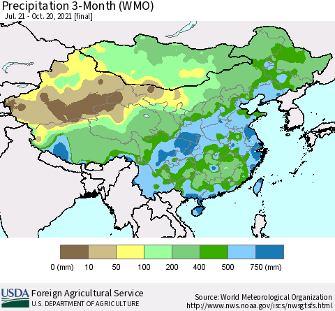 China, Mongolia and Taiwan Precipitation 3-Month (WMO) Thematic Map For 7/21/2021 - 10/20/2021