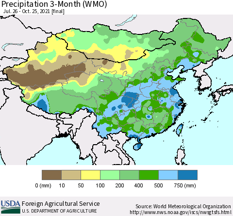 China, Mongolia and Taiwan Precipitation 3-Month (WMO) Thematic Map For 7/26/2021 - 10/25/2021