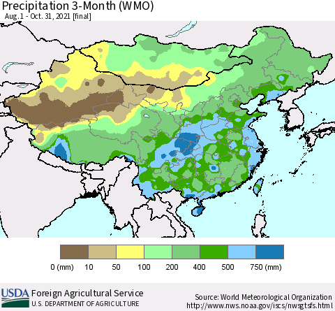 China, Mongolia and Taiwan Precipitation 3-Month (WMO) Thematic Map For 8/1/2021 - 10/31/2021