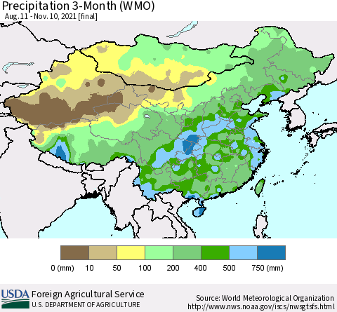 China, Mongolia and Taiwan Precipitation 3-Month (WMO) Thematic Map For 8/11/2021 - 11/10/2021