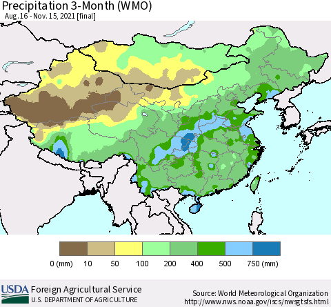 China, Mongolia and Taiwan Precipitation 3-Month (WMO) Thematic Map For 8/16/2021 - 11/15/2021