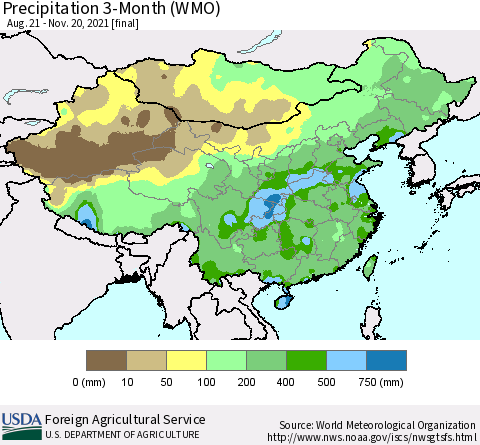 China, Mongolia and Taiwan Precipitation 3-Month (WMO) Thematic Map For 8/21/2021 - 11/20/2021