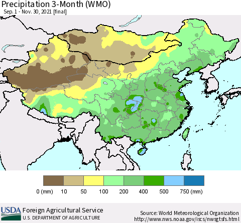 China, Mongolia and Taiwan Precipitation 3-Month (WMO) Thematic Map For 9/1/2021 - 11/30/2021
