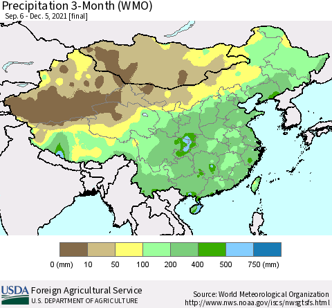 China, Mongolia and Taiwan Precipitation 3-Month (WMO) Thematic Map For 9/6/2021 - 12/5/2021