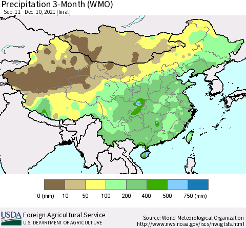 China, Mongolia and Taiwan Precipitation 3-Month (WMO) Thematic Map For 9/11/2021 - 12/10/2021