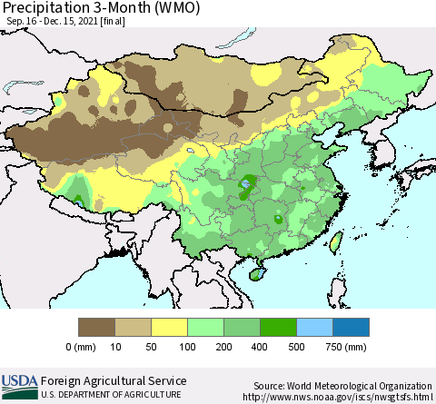 China, Mongolia and Taiwan Precipitation 3-Month (WMO) Thematic Map For 9/16/2021 - 12/15/2021