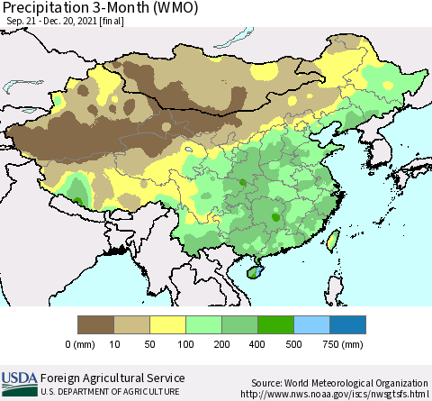 China, Mongolia and Taiwan Precipitation 3-Month (WMO) Thematic Map For 9/21/2021 - 12/20/2021