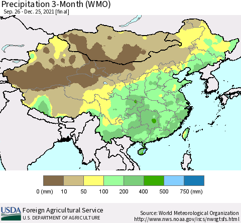 China, Mongolia and Taiwan Precipitation 3-Month (WMO) Thematic Map For 9/26/2021 - 12/25/2021