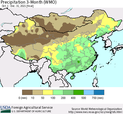 China, Mongolia and Taiwan Precipitation 3-Month (WMO) Thematic Map For 10/1/2021 - 12/31/2021