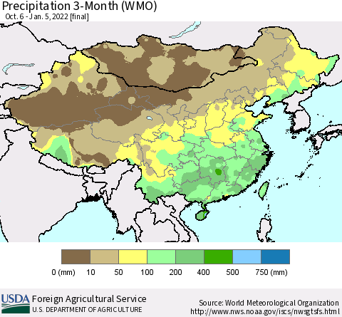 China, Mongolia and Taiwan Precipitation 3-Month (WMO) Thematic Map For 10/6/2021 - 1/5/2022