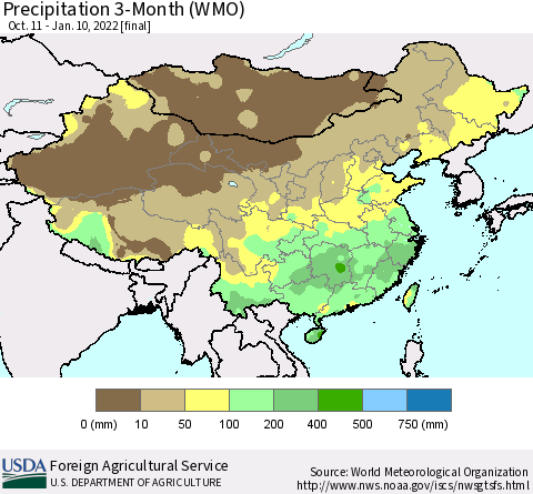 China, Mongolia and Taiwan Precipitation 3-Month (WMO) Thematic Map For 10/11/2021 - 1/10/2022
