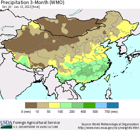 China, Mongolia and Taiwan Precipitation 3-Month (WMO) Thematic Map For 10/16/2021 - 1/15/2022