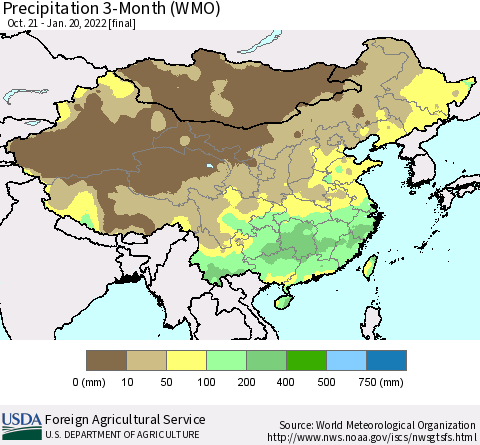 China, Mongolia and Taiwan Precipitation 3-Month (WMO) Thematic Map For 10/21/2021 - 1/20/2022