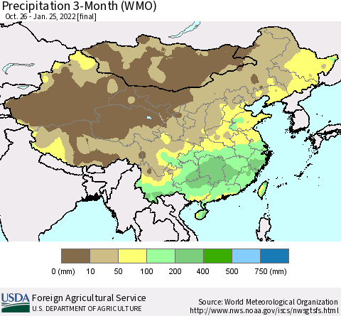 China, Mongolia and Taiwan Precipitation 3-Month (WMO) Thematic Map For 10/26/2021 - 1/25/2022