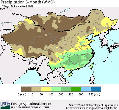 China, Mongolia and Taiwan Precipitation 3-Month (WMO) Thematic Map For 11/1/2021 - 1/31/2022