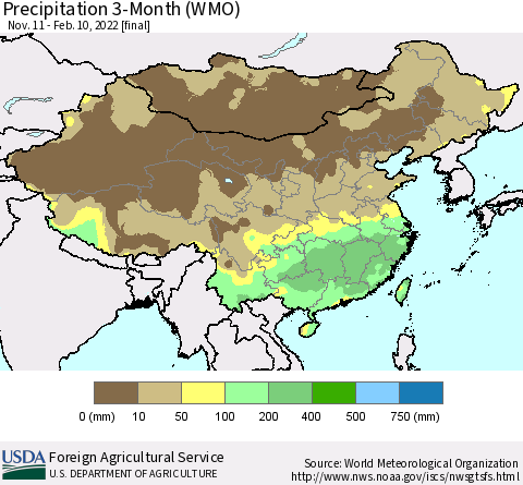 China, Mongolia and Taiwan Precipitation 3-Month (WMO) Thematic Map For 11/11/2021 - 2/10/2022