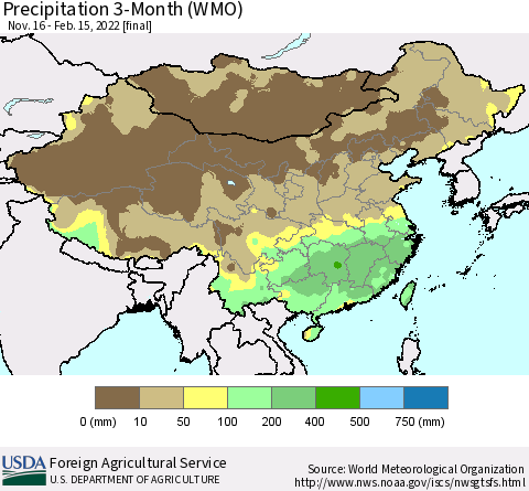 China, Mongolia and Taiwan Precipitation 3-Month (WMO) Thematic Map For 11/16/2021 - 2/15/2022