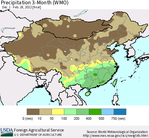 China, Mongolia and Taiwan Precipitation 3-Month (WMO) Thematic Map For 12/1/2021 - 2/28/2022