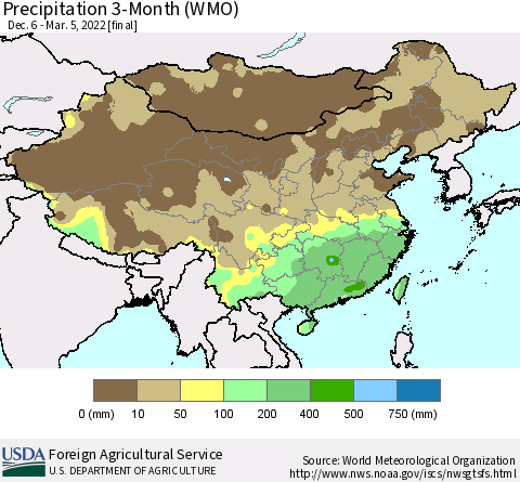 China, Mongolia and Taiwan Precipitation 3-Month (WMO) Thematic Map For 12/6/2021 - 3/5/2022